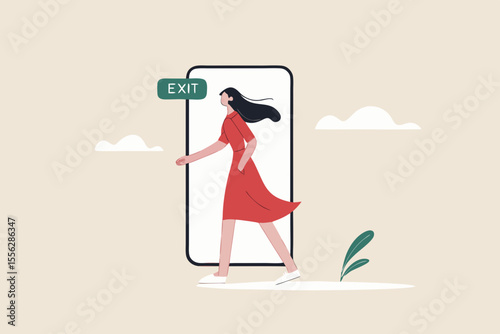 Reduce mobile screen time, digital detox, exit from virtual social media and live your real life concept, happy young woman walking step out of smartphone mobile screen follow green exit sign.