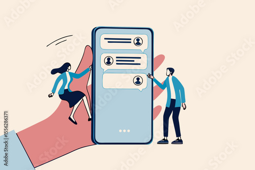 Chat Mobile application for business, teamwork using technology to communicate or collaborate in work concept, businessman and businesswoman communicate with mobile app on big hand holding smart phone
