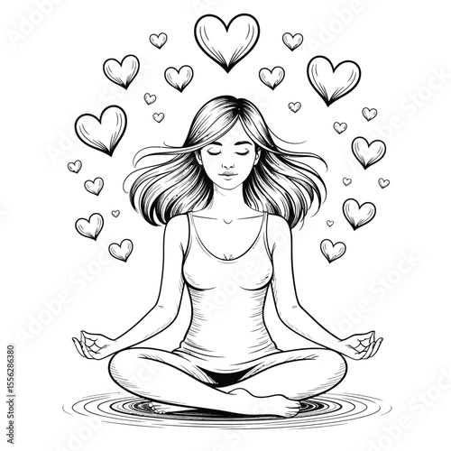 Black and white line art of serene woman meditating with flowing hair and floating hearts in tranquil dreamlike atmosphere