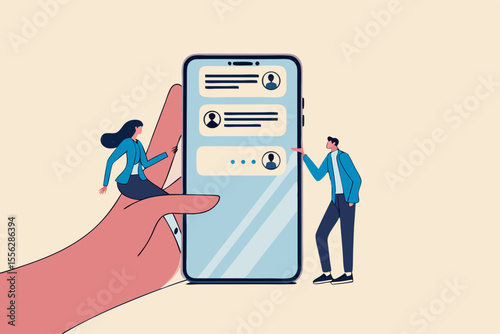 Chat Mobile application for business, teamwork using technology to communicate or collaborate in work concept, businessman and businesswoman communicate with mobile app on big hand holding smart phone