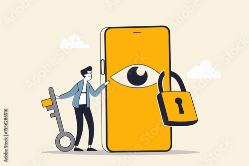 Data privacy for internet user, protect application to track or follow user behavior concept, man holding key after lock the spy eye on smartphone to stop watching private information.