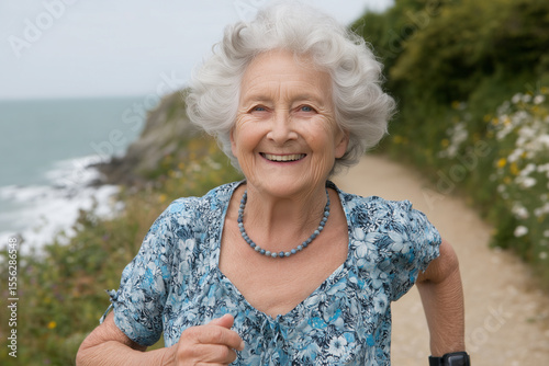 Active Senior Woman Jogging by the Sea: A joyful senior woman with short, curly gray hair smiles radiantly while jogging along a coastal path, showcasing vitality and the beauty of active aging.