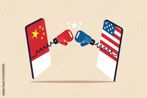 United States and China technology war, 2 countries compete to be leader of tech company, cold war sanctions and tariff concept, digital mobile phone with US and China flag fighting with boxing gloves