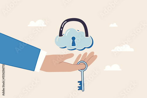 Cloud security system to protect information for remote work, secure shield technology fore safety access online company server, businessman hand holding floating cloud padlock with security key.