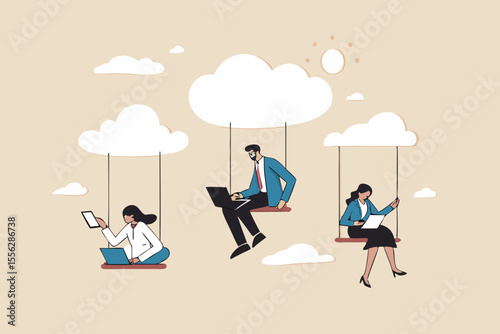 Cloud computing, remote work on company cloud infrastructure, technology to connect people concept, people businessman and woman office employees working with computer laptop on swing suspend on cloud