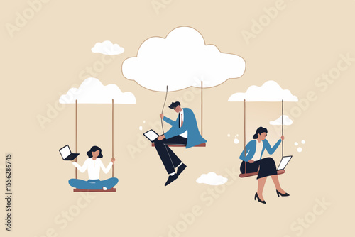 Cloud computing, remote work on company cloud infrastructure, technology to connect people concept, people businessman and woman office employees working with computer laptop on swing suspend on cloud