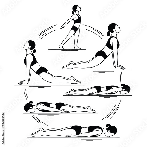Black and white minimalist vector line art of yoga flow sequence featuring five beginner poses for calm and easy practice