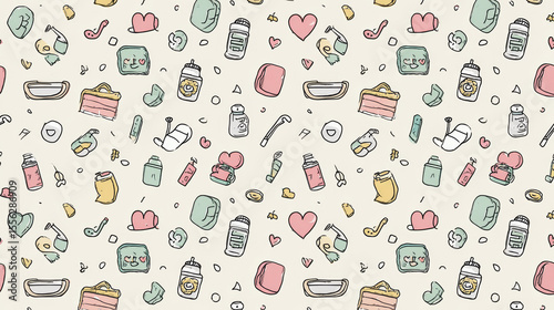 Repeating pastel pattern made with thin-line baby care icons, designed for fabric or paper printing