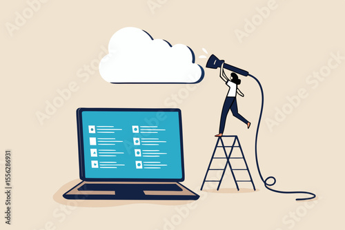 Connect to cloud computing, technology to share secured file and communicate with team while working remotely, upload and download files concept, businessman connect network line with cloud computing.