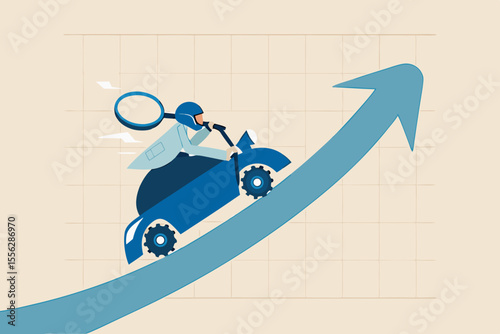 Data driven marketing using technology information to drive sell or advertising campaign, tracking user behavior analysis concept, woman marketer hold magnifying glass on data driven car growth graph.
