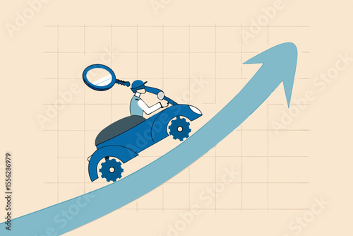 Data driven marketing using technology information to drive sell or advertising campaign, tracking user behavior analysis concept, woman marketer hold magnifying glass on data driven car growth graph.