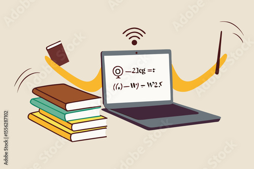Online e-learning, teaching via internet course or study online at home in Coronavirus COVID-19 outbreak concept, computer laptop with math equation on display with hands as professor or teacher.