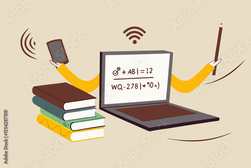 Online e-learning, teaching via internet course or study online at home in Coronavirus COVID-19 outbreak concept, computer laptop with math equation on display with hands as professor or teacher.