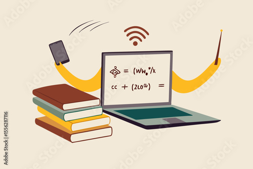 Online e-learning, teaching via internet course or study online at home in Coronavirus COVID-19 outbreak concept, computer laptop with math equation on display with hands as professor or teacher.