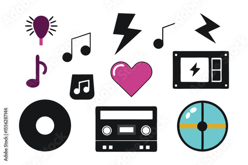Black and Teal 80s Nostalgic Vector Icons Set Music Cassette Heart