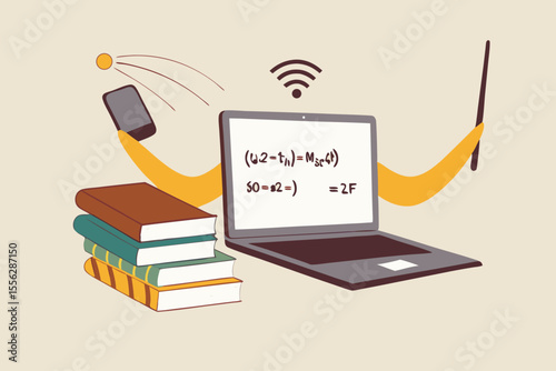 Online e-learning, teaching via internet course or study online at home in Coronavirus COVID-19 outbreak concept, computer laptop with math equation on display with hands as professor or teacher.