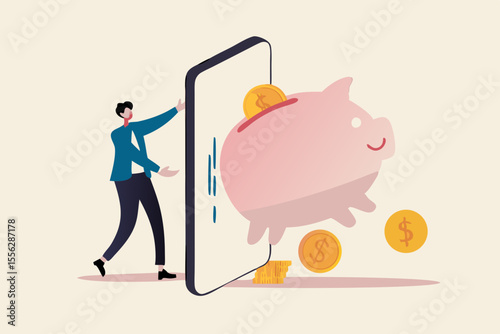 Fintech financial technology, banking mobile app for spending investment and saving concept, businessman investor standing with mobile application with wealthy pink piggy bank with money coins jumping