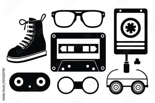 Black Silhouette Eighties Items Cassette Boot Glasses