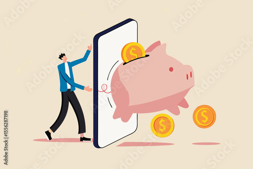 Fintech financial technology, banking mobile app for spending investment and saving concept, businessman investor standing with mobile application with wealthy pink piggy bank with money coins jumping
