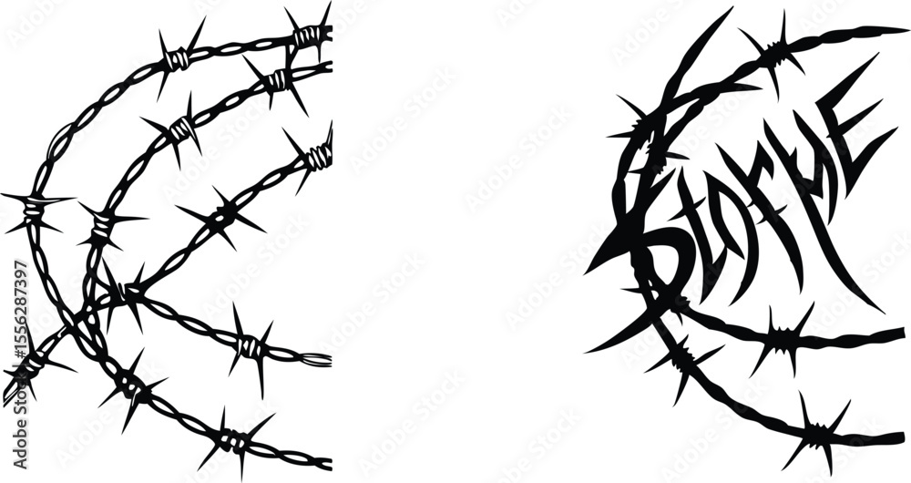 Obraz premium Barbed wire with the word S U F E R in stylized typography on a background thorns