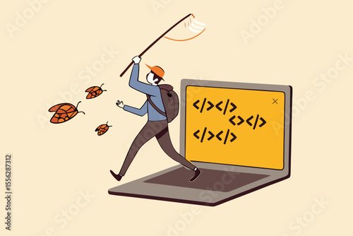 programmer, coder or software tester running from computer laptop using debugging tools to catch ladybugs.