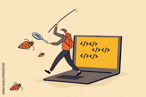 programmer, coder or software tester running from computer laptop using debugging tools to catch ladybugs.