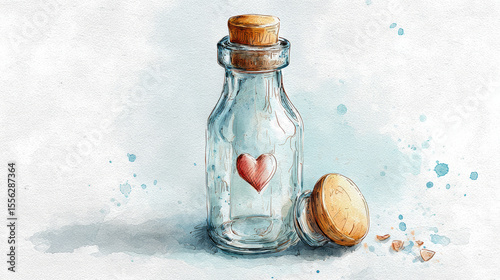 Soft watercolor drawing of a glass baby bottle with a wooden cap and heart motif, suited for invites and baby greetings