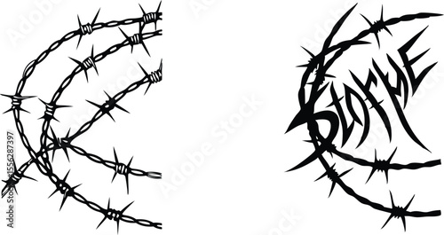 Barbed wire with the word S U F E R in stylized typography on a background thorns