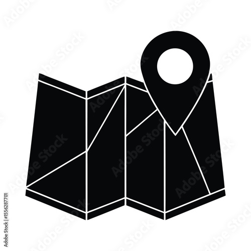 Stylized folded map with a prominent location pin marker presented in a clean silhouette design