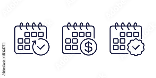 monthly subscription auto-renewal line icons, payment plan and period
