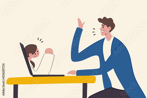 Video conference meeting with team in social distancing Coronavirus COVID-19 pandemic surreal concept, office guy working at home conference meeting with teammate girl come off computer laptop display