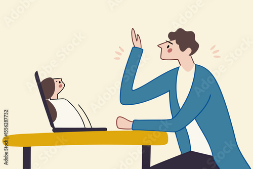 Video conference meeting with team in social distancing Coronavirus COVID-19 pandemic surreal concept, office guy working at home conference meeting with teammate girl come off computer laptop display