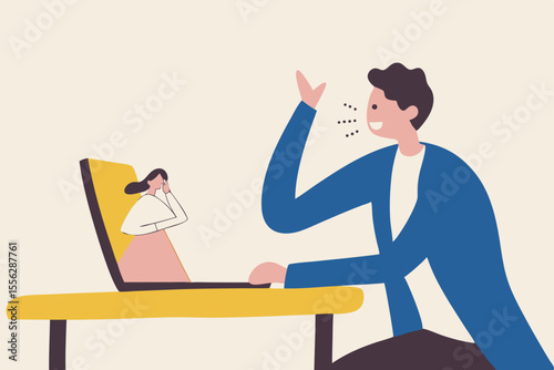Video conference meeting with team in social distancing Coronavirus COVID-19 pandemic surreal concept, office guy working at home conference meeting with teammate girl come off computer laptop display