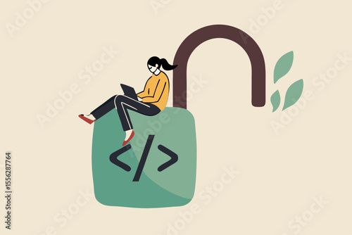 Open source programming, digital products include permission to use the programming source code concept, programmer working lady using computer laptop working on unlock lock with coding symbol.