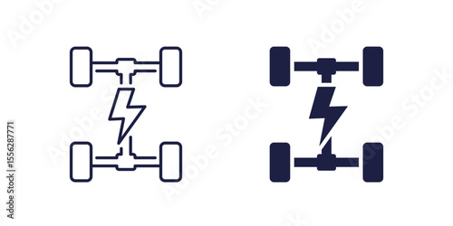 Electric chassis icons, EV car platform line and solid design
