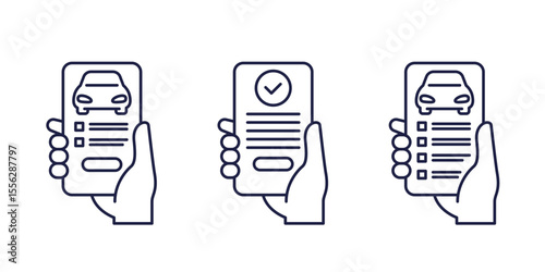 online car registration line icons with phone in hand