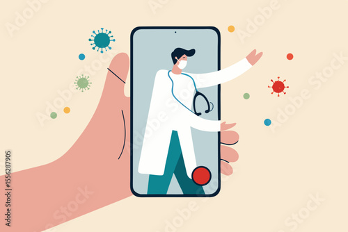 Telehealth health care technology doctor can diagnose and help patient via mobile phone or tele conference concept, patient hand carry mobile application with doctor, physician diagnose virus symptom