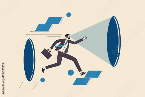 Metaverse virtual reality business, futuristic technology to have avatar inside online virtual world concept, success businessman wearing VR goggle jumping from imagination door to another world.