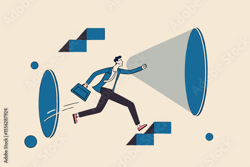 Metaverse virtual reality business, futuristic technology to have avatar inside online virtual world concept, success businessman wearing VR goggle jumping from imagination door to another world.