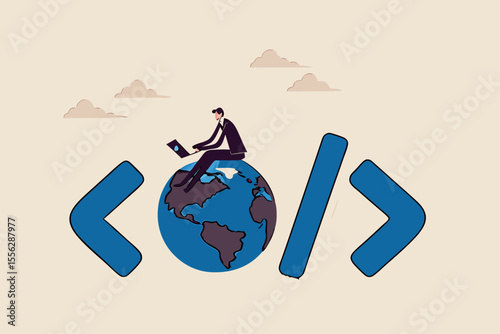 Website development, www application coding, technology create online cyberspace software connect through the internet concept, software engineer coding on laptop sitting on globe with coding symbol.