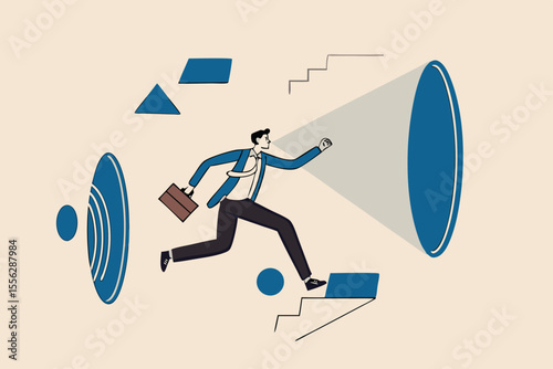 Metaverse virtual reality business, futuristic technology to have avatar inside online virtual world concept, success businessman wearing VR goggle jumping from imagination door to another world.