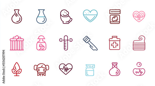 Thin-line maternity and baby care icons, including pregnancy, breastfeeding, and conception visuals in editable two-tone format