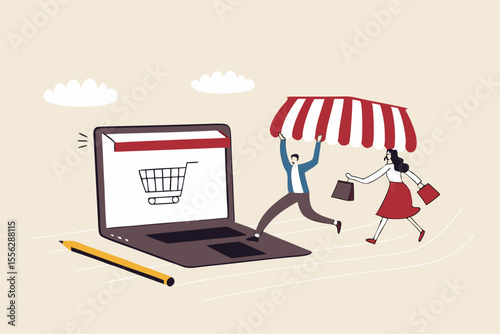Open shop online, start e-commerce store selling product online, build website create virtual store in the internet concept, business people shop owner building new website on laptop computer.