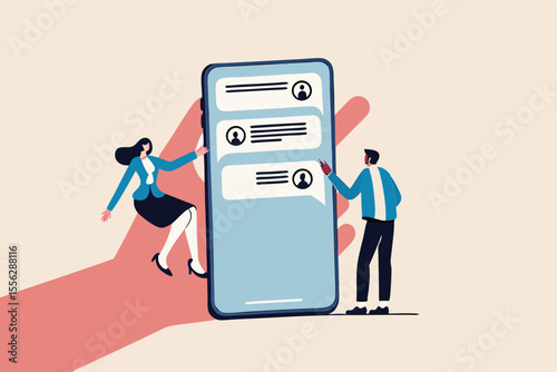 Chat Mobile application for business, teamwork using technology to communicate or collaborate in work concept, businessman and businesswoman communicate with mobile app on big hand holding smart phone