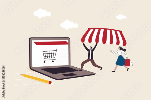 Open shop online, start e-commerce store selling product online, build website create virtual store in the internet concept, business people shop owner building new website on laptop computer.