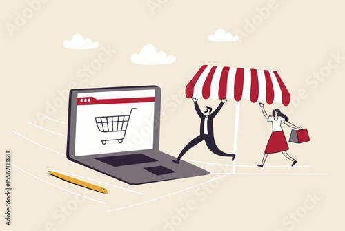 Open shop online, start e-commerce store selling product online, build website create virtual store in the internet concept, business people shop owner building new website on laptop computer.