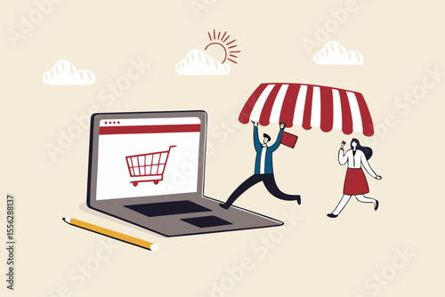 Open shop online, start e-commerce store selling product online, build website create virtual store in the internet concept, business people shop owner building new website on laptop computer.
