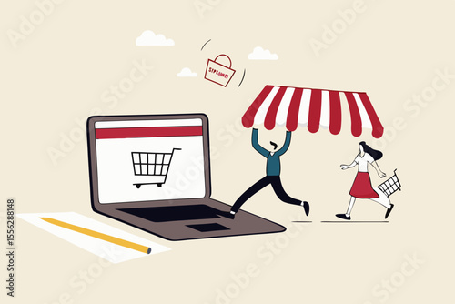 Open shop online, start e-commerce store selling product online, build website create virtual store in the internet concept, business people shop owner building new website on laptop computer.