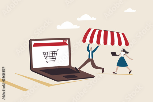 Open shop online, start e-commerce store selling product online, build website create virtual store in the internet concept, business people shop owner building new website on laptop computer.