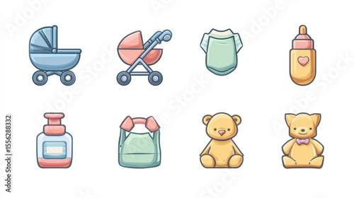 Vector icon set of baby boy essentials including a stroller, diaper, bottle, and plush toy
